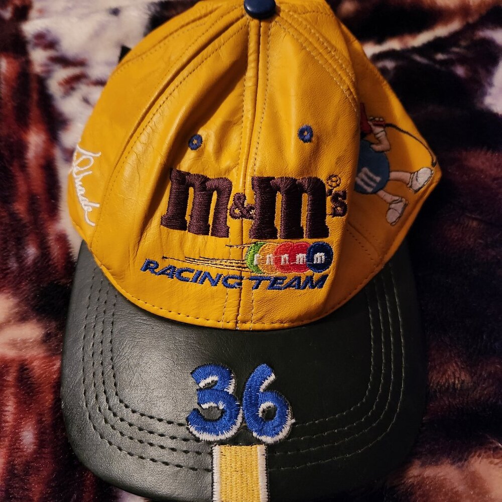 Vintage M&M All Leather #36 Nascar Racing Hat Multi Color Adjustable Adult Size
